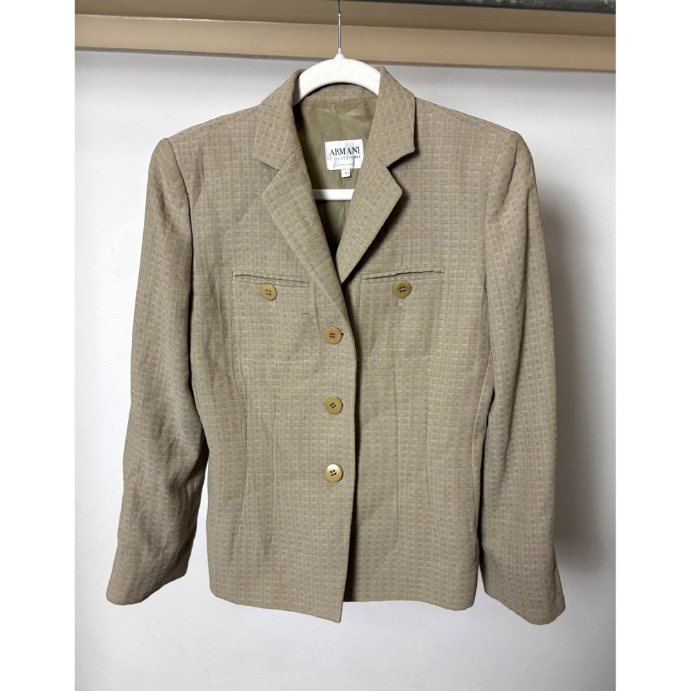 Armani Collezioni Womens Beige Textured Geometric 4-Button Blazer Size 4